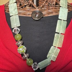 Handcrafted Asymmetrical Necklace “Evergreen Spark” – Green & Silver Beads